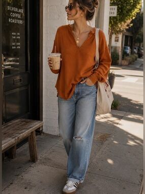 Free People Owen Thermal Rust Waffle Knit Oversized Tunic Top Sz XS